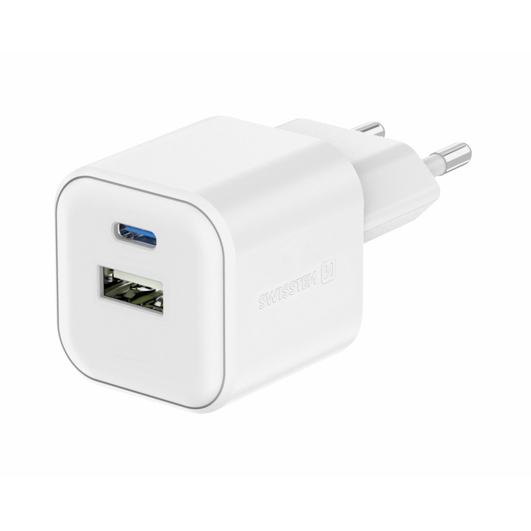 Nabíječka Swissten TRAVEL CHARGER GaN 1x USB-C 20W PD AND 1x USB-A 18W QC Barva: bílá